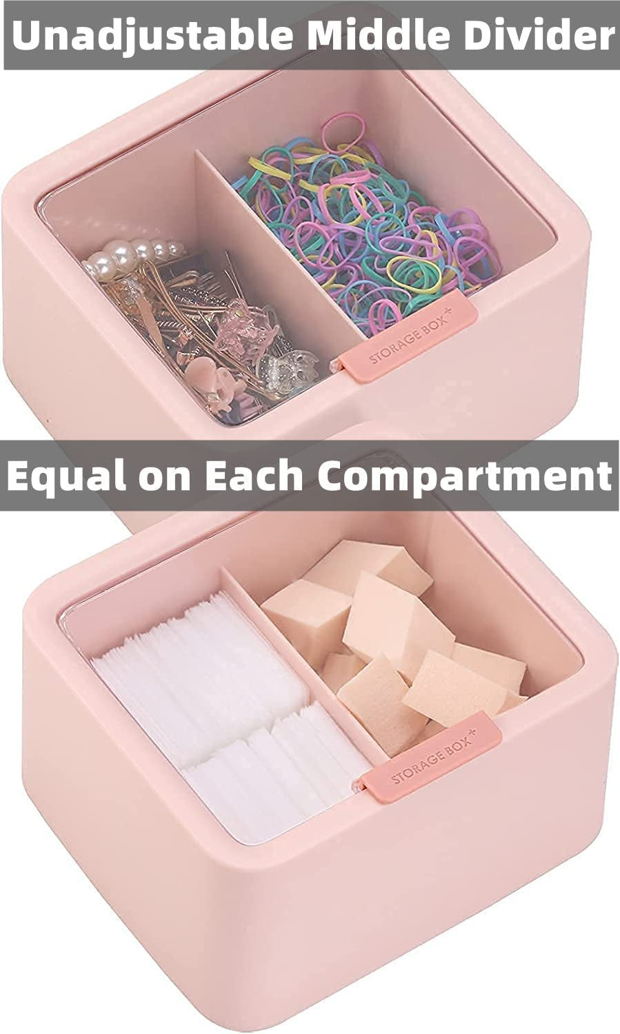 Qtips Storage Organizer - 2 Grids Separate Cotton Swabs Dispenser Qtips Holder Bathroom Canisters with Hinged Lids for Cotton Balls, Pads, Pink