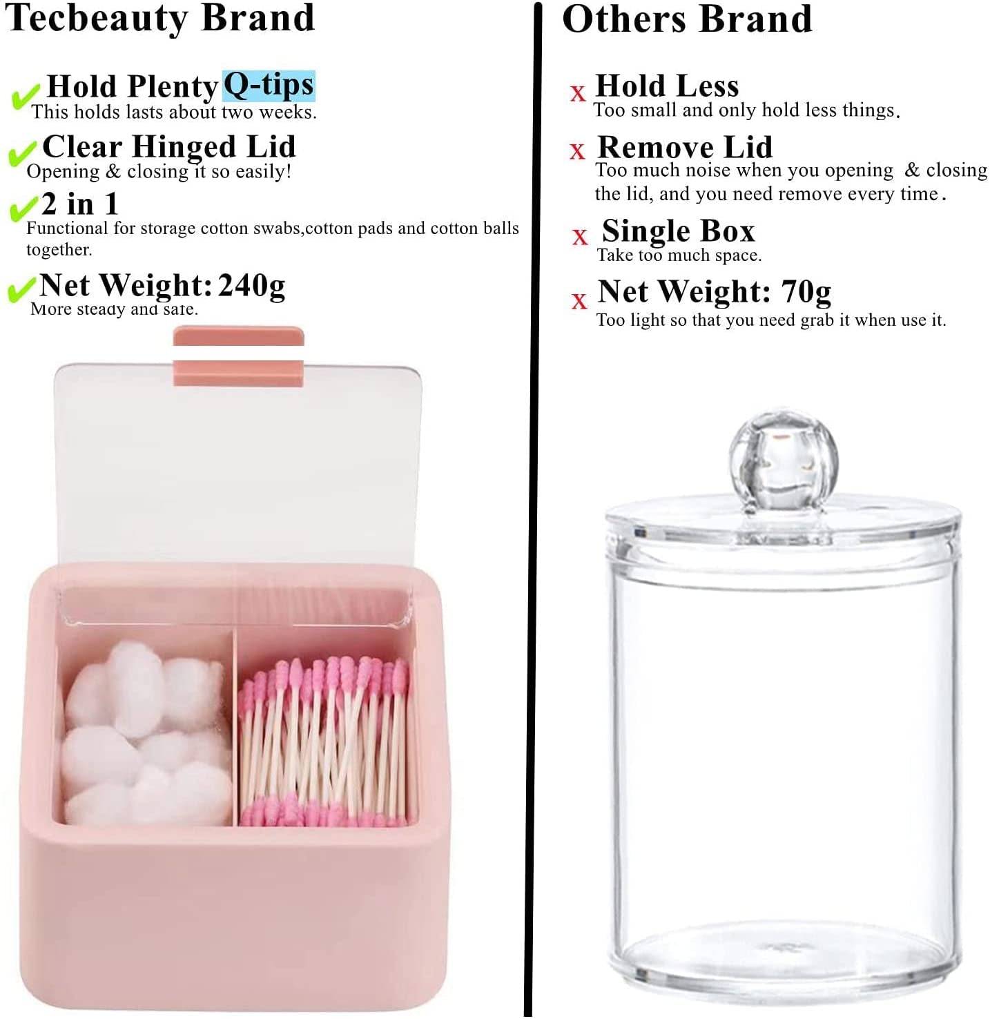 Qtips Storage Organizer - 2 Grids Separate Cotton Swabs Dispenser Qtips Holder Bathroom Canisters with Hinged Lids for Cotton Balls, Pads, Pink