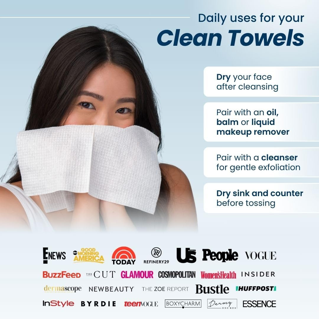 Clean Towels®, 100% USDA Biobased Face Towel, Disposable Face Towelette, Eczema Association Accepted, Makeup Remover Dry Wipes, Ultra Soft, 1 Pack, 25 Ct