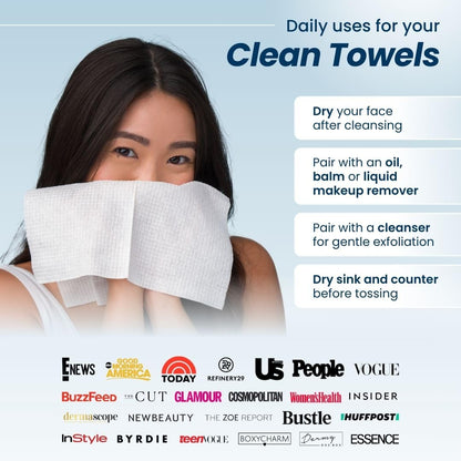 Clean Towels®, 100% USDA Biobased Face Towel, Disposable Face Towelette, Eczema Association Accepted, Makeup Remover Dry Wipes, Ultra Soft, 1 Pack, 25 Ct