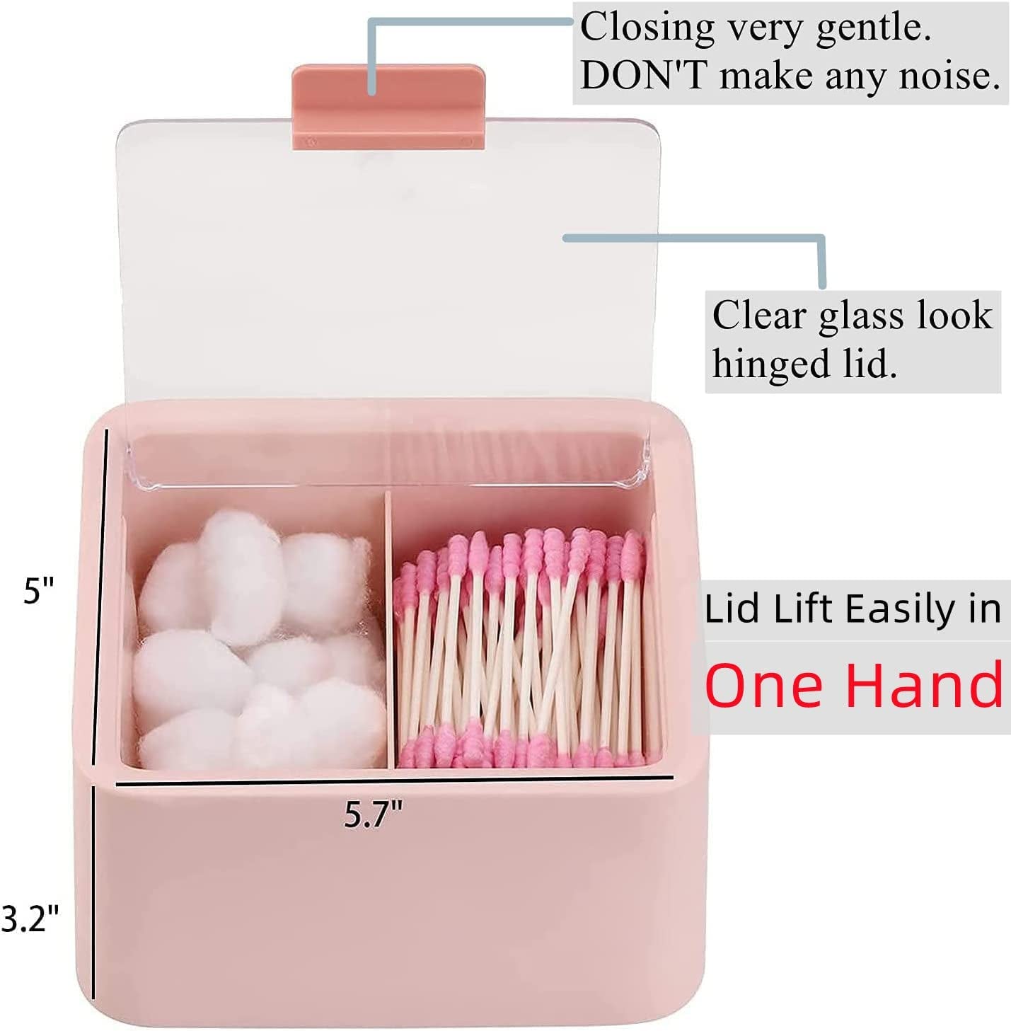 Qtips Storage Organizer - 2 Grids Separate Cotton Swabs Dispenser Qtips Holder Bathroom Canisters with Hinged Lids for Cotton Balls, Pads, Pink