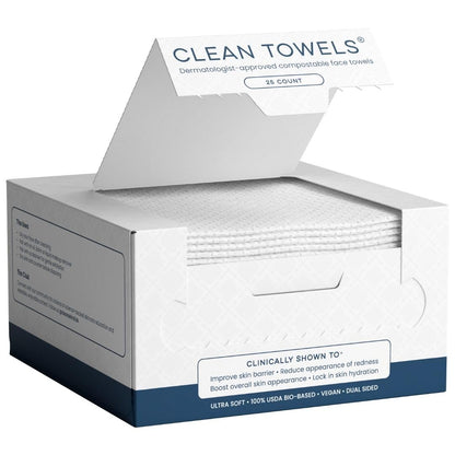 Clean Towels®, 100% USDA Biobased Face Towel, Disposable Face Towelette, Eczema Association Accepted, Makeup Remover Dry Wipes, Ultra Soft, 1 Pack, 25 Ct