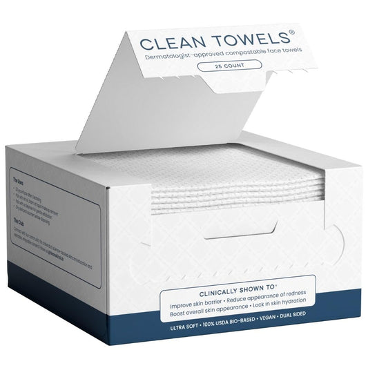 Clean Towels®, 100% USDA Biobased Face Towel, Disposable Face Towelette, Eczema Association Accepted, Makeup Remover Dry Wipes, Ultra Soft, 1 Pack, 25 Ct