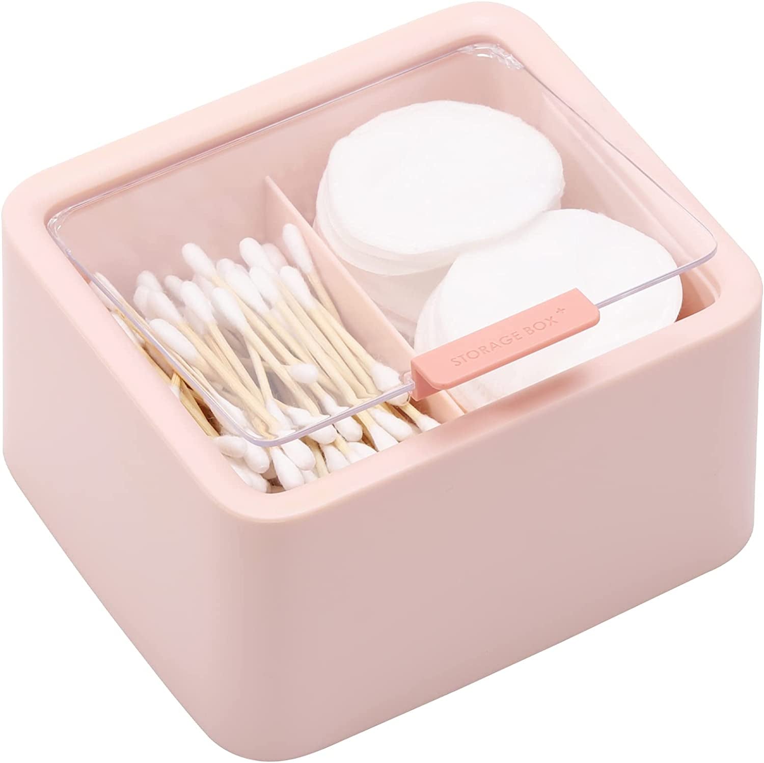 Qtips Storage Organizer - 2 Grids Separate Cotton Swabs Dispenser Qtips Holder Bathroom Canisters with Hinged Lids for Cotton Balls, Pads, Pink